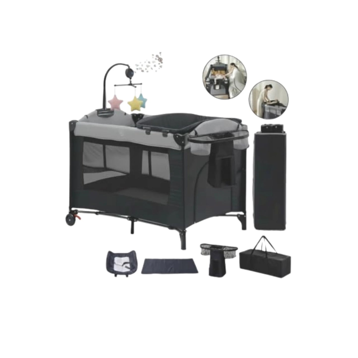 PICCASIO™ 5 in 1 Baby Crib – Foldable Travel Bassinet Playard with Changing Table, Music Box, Mosquito Net, and Lockable Wheels – Multifunctional Bedside Sleeper for Infants & Children