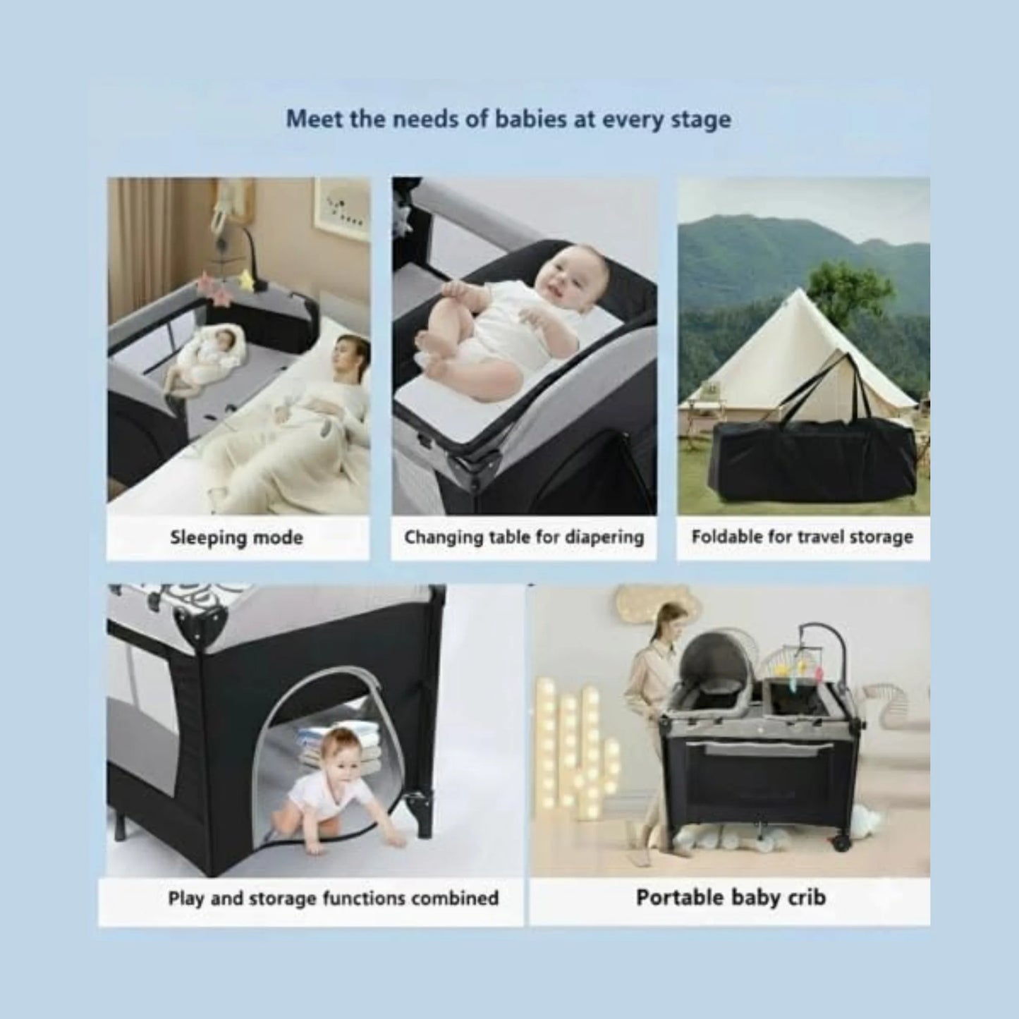 PICCASIO™ 5 in 1 Baby Crib – Foldable Travel Bassinet Playard with Changing Table, Music Box, Mosquito Net, and Lockable Wheels – Multifunctional Bedside Sleeper for Infants & Children