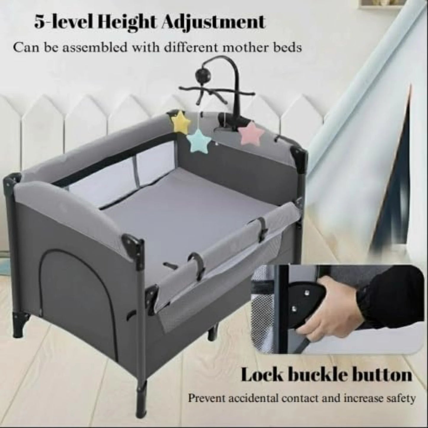 PICCASIO™ 5 in 1 Baby Crib – Foldable Travel Bassinet Playard with Changing Table, Music Box, Mosquito Net, and Lockable Wheels – Multifunctional Bedside Sleeper for Infants & Children