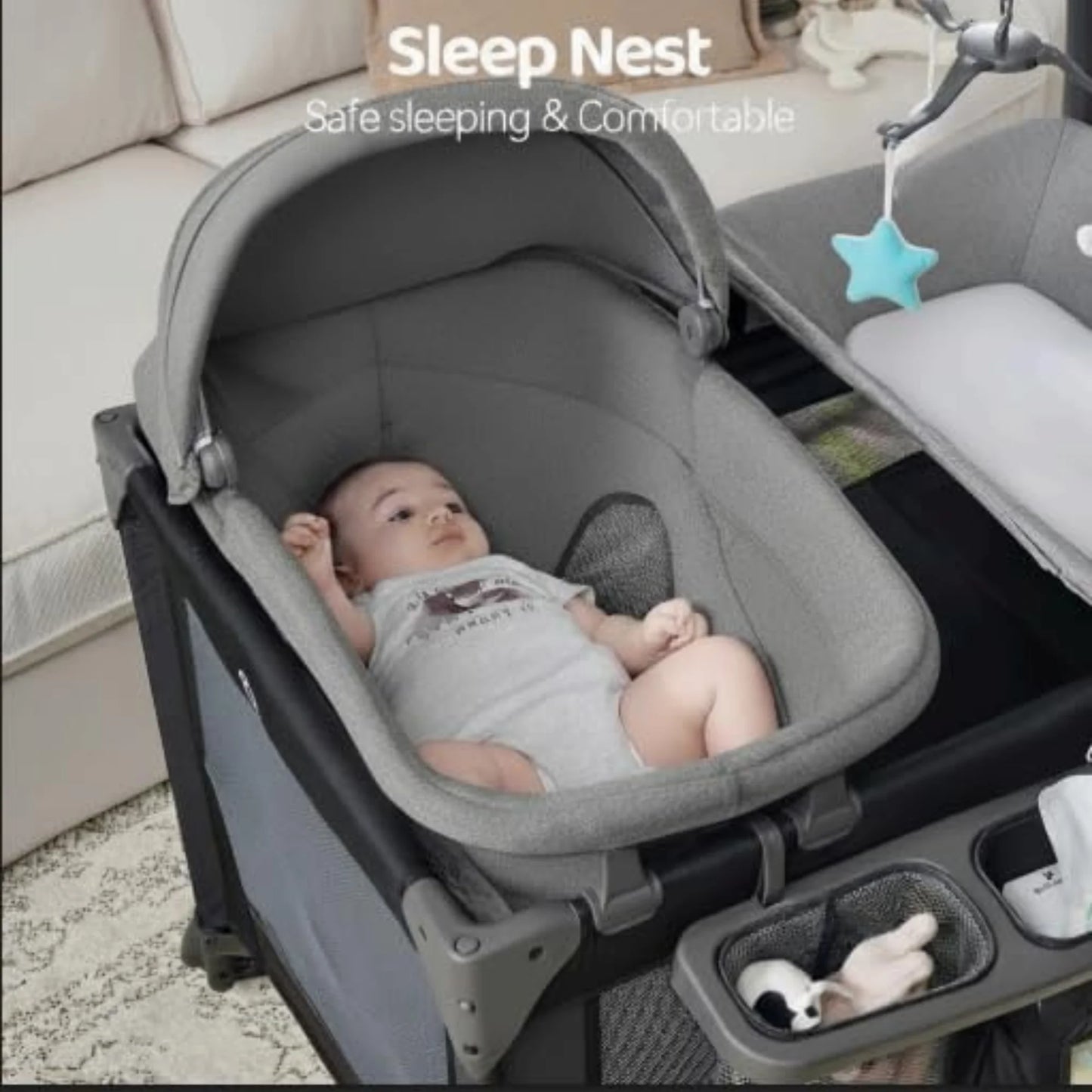 PICCASIO™ 5 in 1 Baby Crib – Foldable Travel Bassinet Playard with Changing Table, Music Box, Mosquito Net, and Lockable Wheels – Multifunctional Bedside Sleeper for Infants & Children