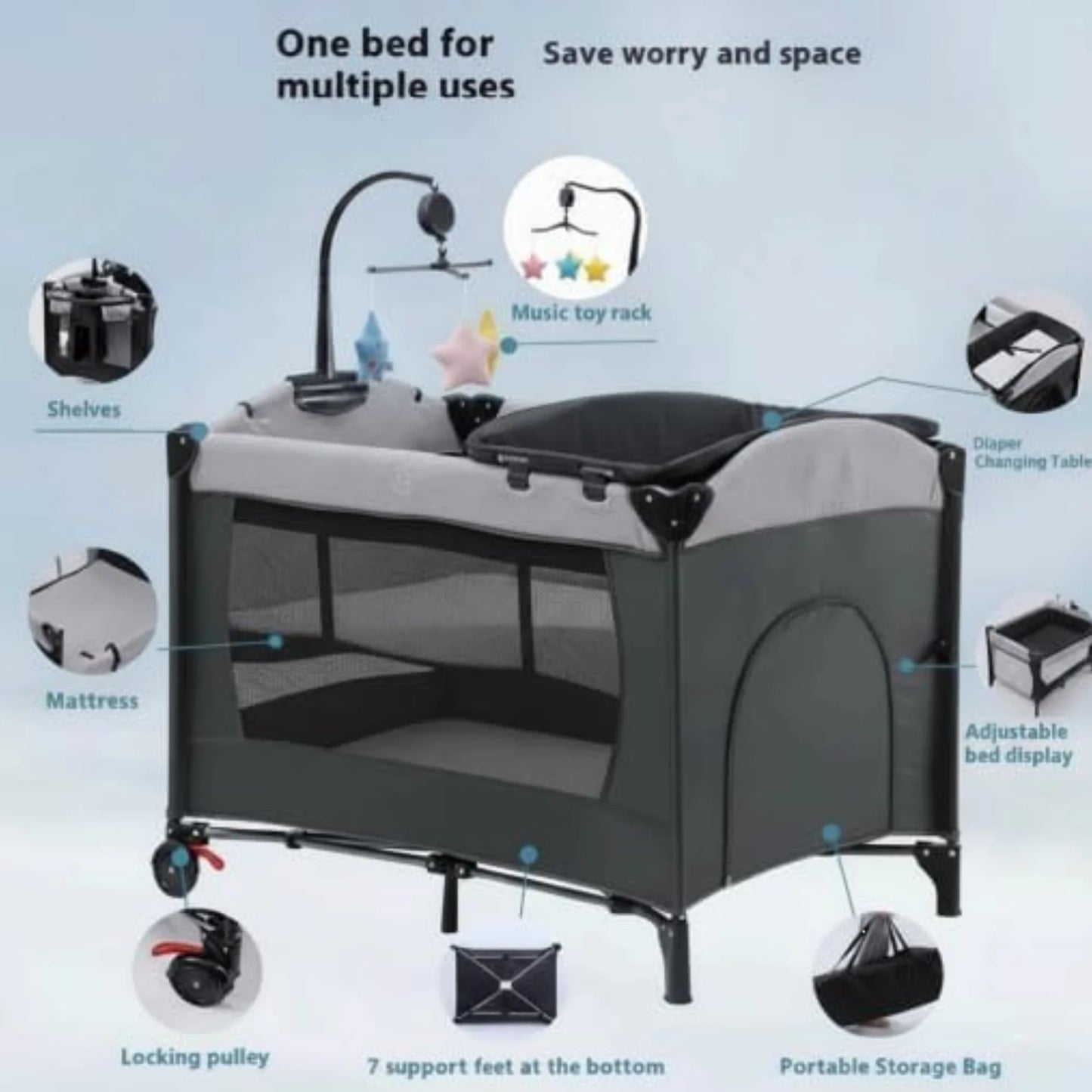 PICCASIO™ 5 in 1 Baby Crib – Foldable Travel Bassinet Playard with Changing Table, Music Box, Mosquito Net, and Lockable Wheels – Multifunctional Bedside Sleeper for Infants & Children