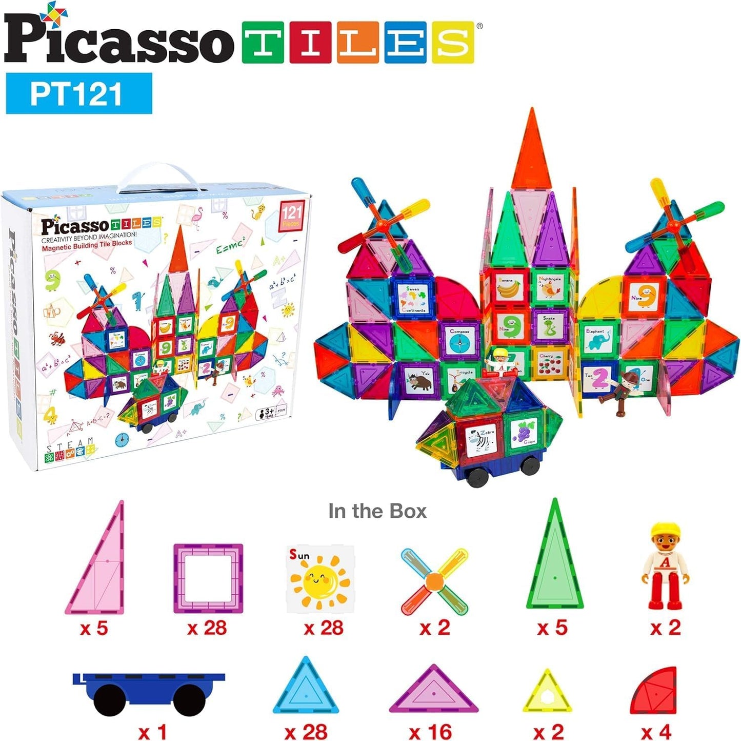 PicassoTiles 121pc Master Builder Magnetic Building Block Construction Set Magnet Tiles Blocks with Car Truck, 2 Character Action Figures, 28 Educational Alphabet Animal and Number Graphics, Windmill