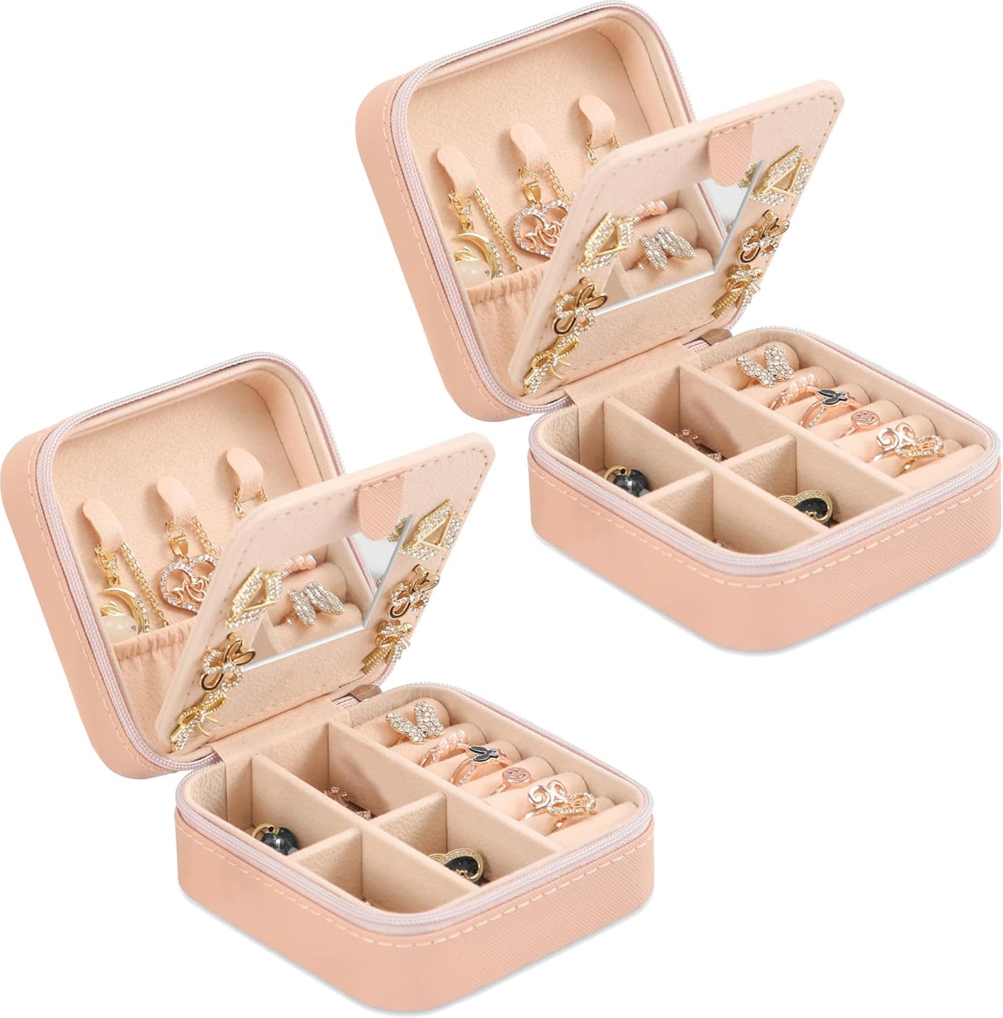 XZUZ Small Travel Jewelry Box With Mirror, Portable Jewelry organizer Display Storage Box for Earrings Rings Necklaces, Jewelry ase for female Girls (Pink 2pcs)