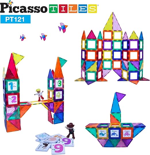 PicassoTiles 121pc Master Builder Magnetic Building Block Construction Set Magnet Tiles Blocks with Car Truck, 2 Character Action Figures, 28 Educational Alphabet Animal and Number Graphics, Windmill