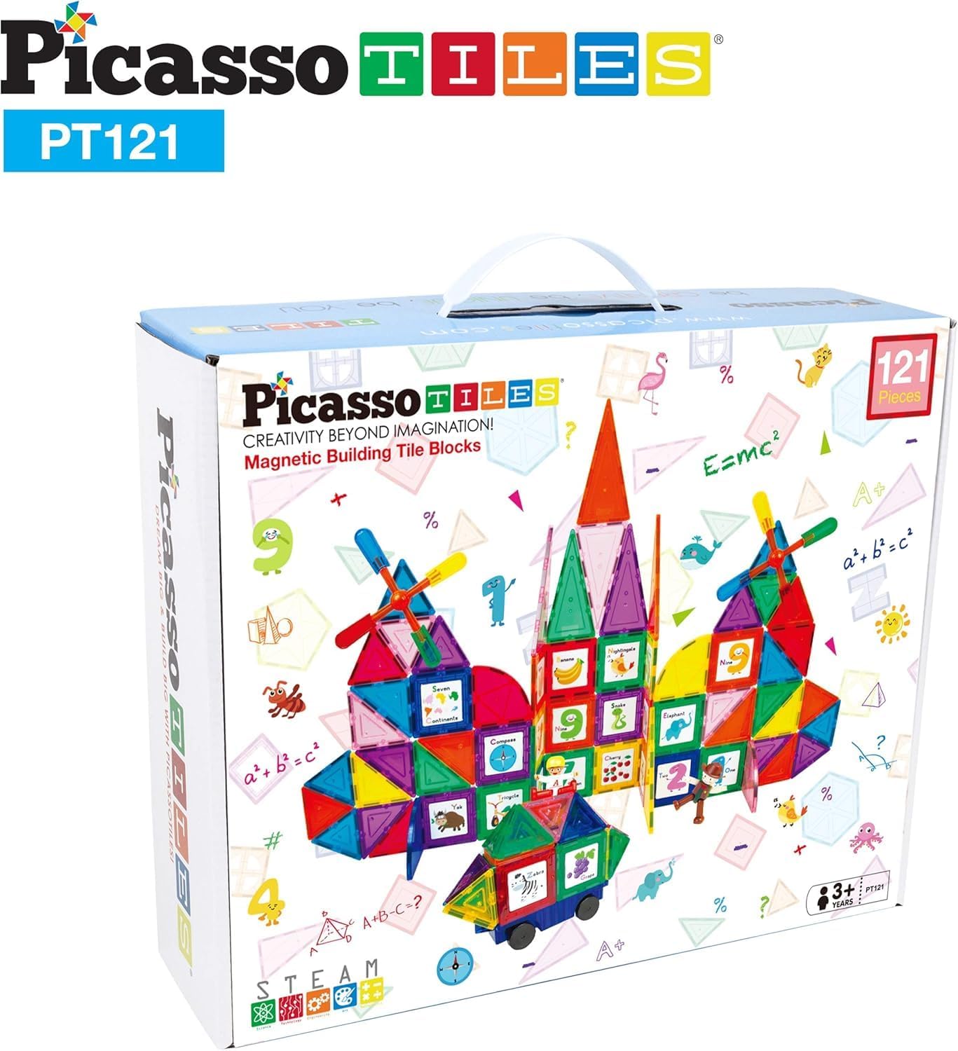 PicassoTiles 121pc Master Builder Magnetic Building Block Construction Set Magnet Tiles Blocks with Car Truck, 2 Character Action Figures, 28 Educational Alphabet Animal and Number Graphics, Windmill