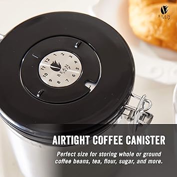 Bean Envy Coffee Canister - 22.5 oz Coffee Storage Container and Organizer w/ Stainless Steel Scoop, Date Tracker & Co2-Release Valve - Essential Coffee Accessories, Steel
