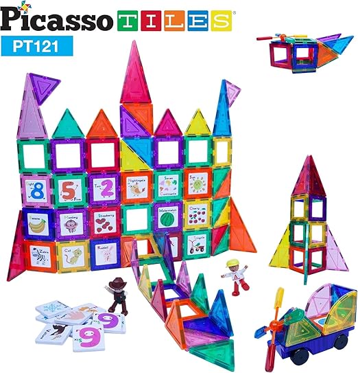PicassoTiles 121pc Master Builder Magnetic Building Block Construction Set Magnet Tiles Blocks with Car Truck, 2 Character Action Figures, 28 Educational Alphabet Animal and Number Graphics, Windmill