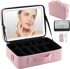 Travel Makeup Bag with Detachable Mirror,3 Color LED Adjustable Brightness, Waterproof Cosmetic Bag