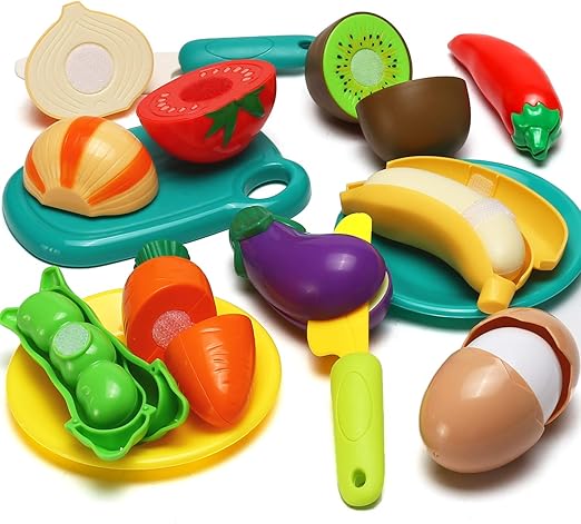 70 PCS Cutting Play Food Toy for Kids Kitchen, Pretend Fruit &Vegetables Accessories with Shopping Storage Basket, Plastic Mini Dishes and Knife, Educational Toy for Toddler Children Birthday Gif