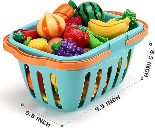70 PCS Cutting Play Food Toy for Kids Kitchen, Pretend Fruit &Vegetables Accessories with Shopping Storage Basket, Plastic Mini Dishes and Knife, Educational Toy for Toddler Children Birthday Gif