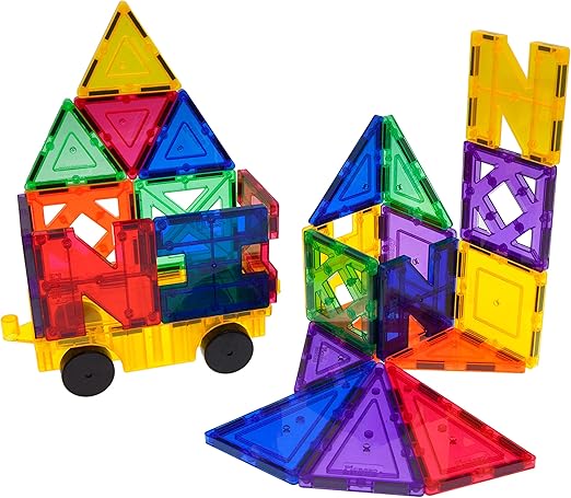 PicassoTiles 121pc Master Builder Magnetic Building Block Construction Set Magnet Tiles Blocks with Car Truck, 2 Character Action Figures, 28 Educational Alphabet Animal and Number Graphics, Windmill