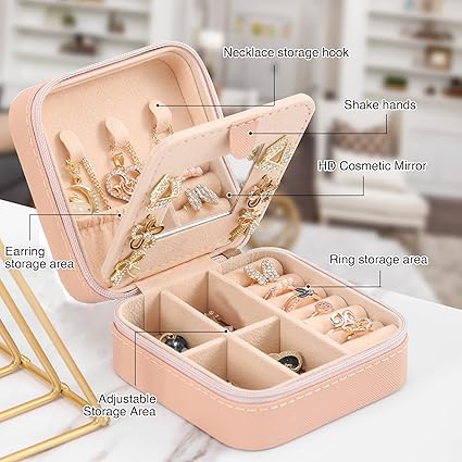 XZUZ Small Travel Jewelry Box With Mirror, Portable Jewelry organizer Display Storage Box for Earrings Rings Necklaces, Jewelry ase for female Girls (Pink 2pcs)