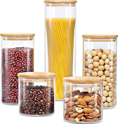 5 Pcs Glass Jars with Bamboo Lids, Airtight High Borosillicate Container, Multi Sizes Clear Food Storage