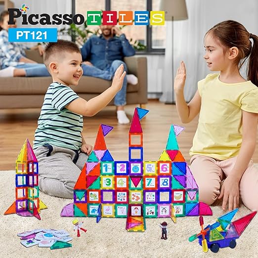 PicassoTiles 121pc Master Builder Magnetic Building Block Construction Set Magnet Tiles Blocks with Car Truck, 2 Character Action Figures, 28 Educational Alphabet Animal and Number Graphics, Windmill