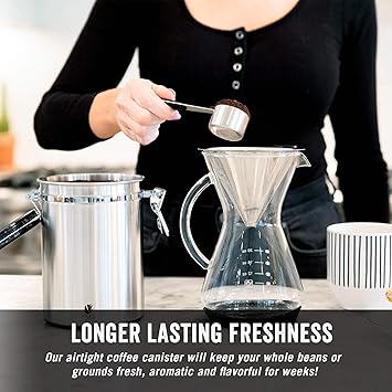Bean Envy Coffee Canister - 22.5 oz Coffee Storage Container and Organizer w/ Stainless Steel Scoop, Date Tracker & Co2-Release Valve - Essential Coffee Accessories, Steel