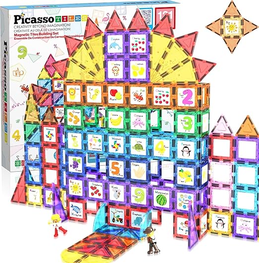 PicassoTiles 121pc Master Builder Magnetic Building Block Construction Set Magnet Tiles Blocks with Car Truck, 2 Character Action Figures, 28 Educational Alphabet Animal and Number Graphics, Windmill