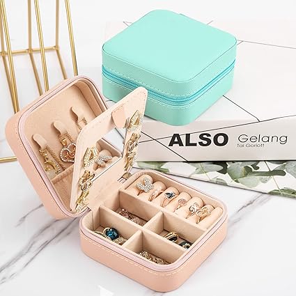 XZUZ Small Travel Jewelry Box With Mirror, Portable Jewelry organizer Display Storage Box for Earrings Rings Necklaces, Jewelry ase for female Girls (Pink 2pcs)