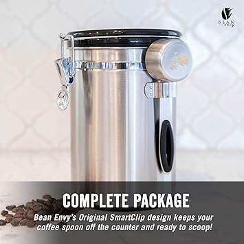 Bean Envy Coffee Canister - 22.5 oz Coffee Storage Container and Organizer w/ Stainless Steel Scoop, Date Tracker & Co2-Release Valve - Essential Coffee Accessories, Steel