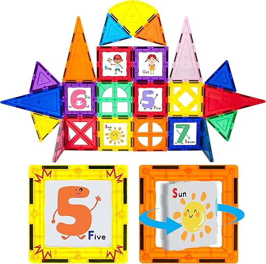 PicassoTiles 121pc Master Builder Magnetic Building Block Construction Set Magnet Tiles Blocks with Car Truck, 2 Character Action Figures, 28 Educational Alphabet Animal and Number Graphics, Windmill