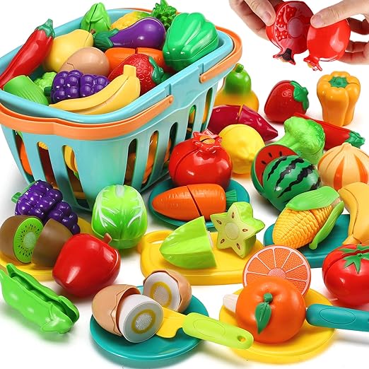 70 PCS Cutting Play Food Toy for Kids Kitchen, Pretend Fruit &Vegetables Accessories with Shopping Storage Basket, Plastic Mini Dishes and Knife, Educational Toy for Toddler Children Birthday Gif