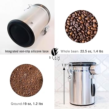 Bean Envy Coffee Canister - 22.5 oz Coffee Storage Container and Organizer w/ Stainless Steel Scoop, Date Tracker & Co2-Release Valve - Essential Coffee Accessories, Steel