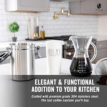 Bean Envy Coffee Canister - 22.5 oz Coffee Storage Container and Organizer w/ Stainless Steel Scoop, Date Tracker & Co2-Release Valve - Essential Coffee Accessories, Steel