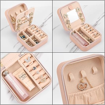 XZUZ Small Travel Jewelry Box With Mirror, Portable Jewelry organizer Display Storage Box for Earrings Rings Necklaces, Jewelry ase for female Girls (Pink 2pcs)